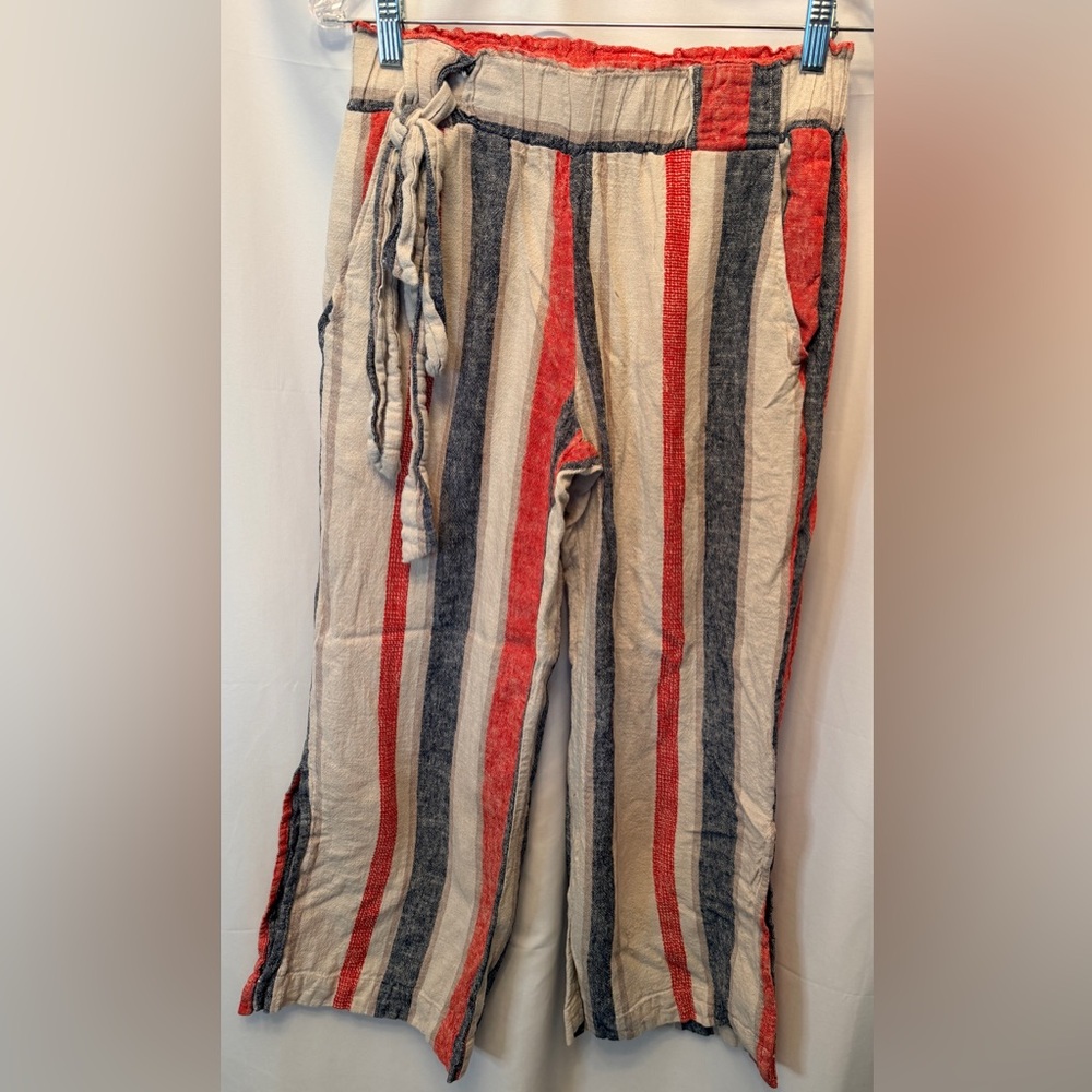BanJara Women’s Medium Pull On Wide Leg Linen Blend Pants Ivory Navy Red Elastic